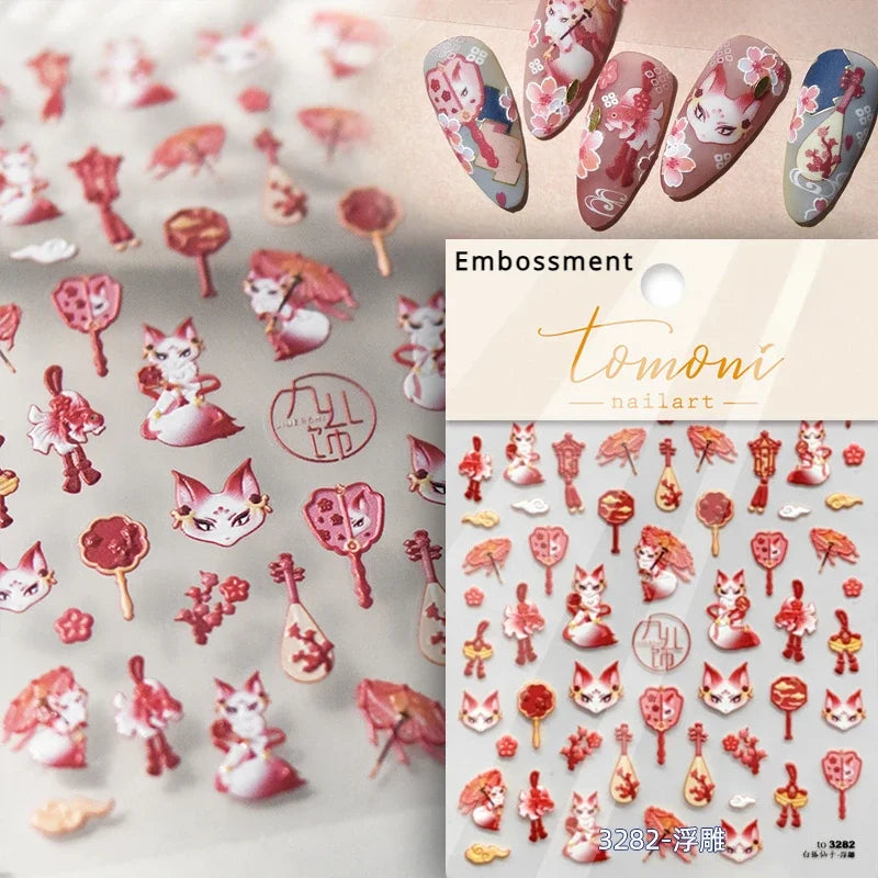 Nine-Tailed Fox Red Flower Nail Art Stickers