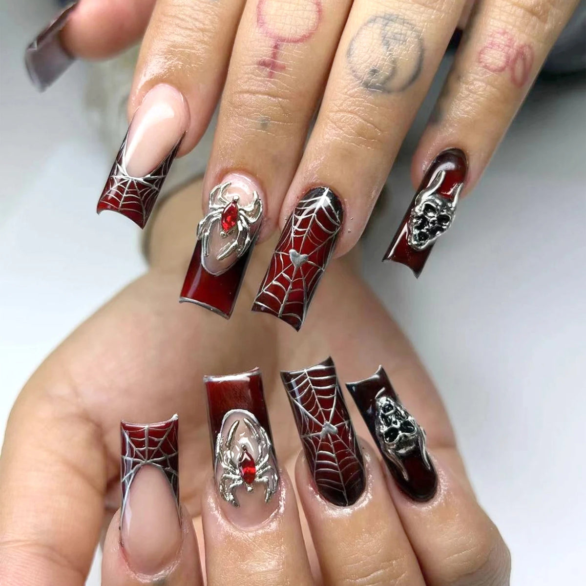 Silver Spider Gothic Punk Almond Press-On Nails