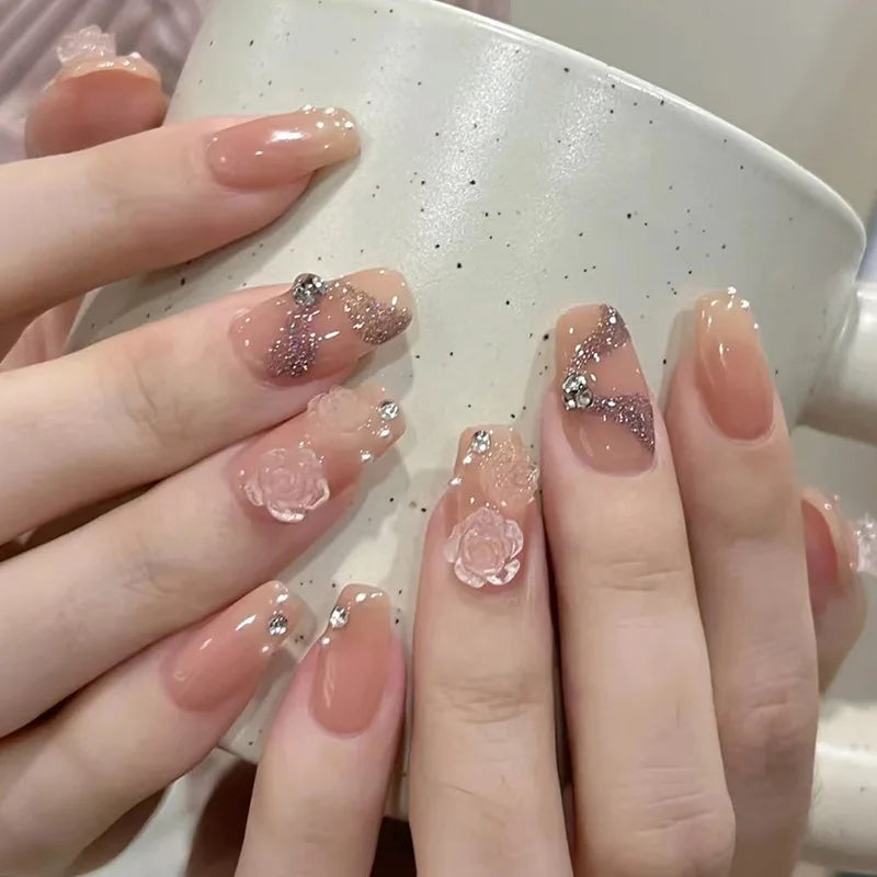 Cat Eye Leopard Ballet Press-On Nails with Rhinestones