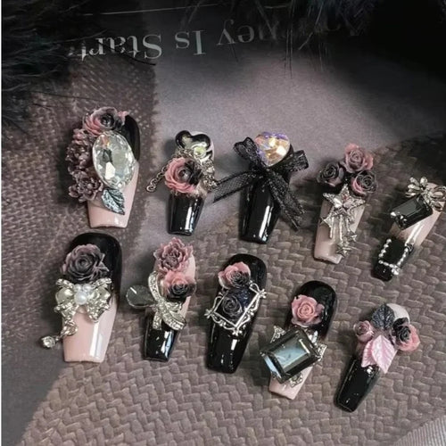 Crimson Cathedral – 3D Rose Coffin Press-On Nails