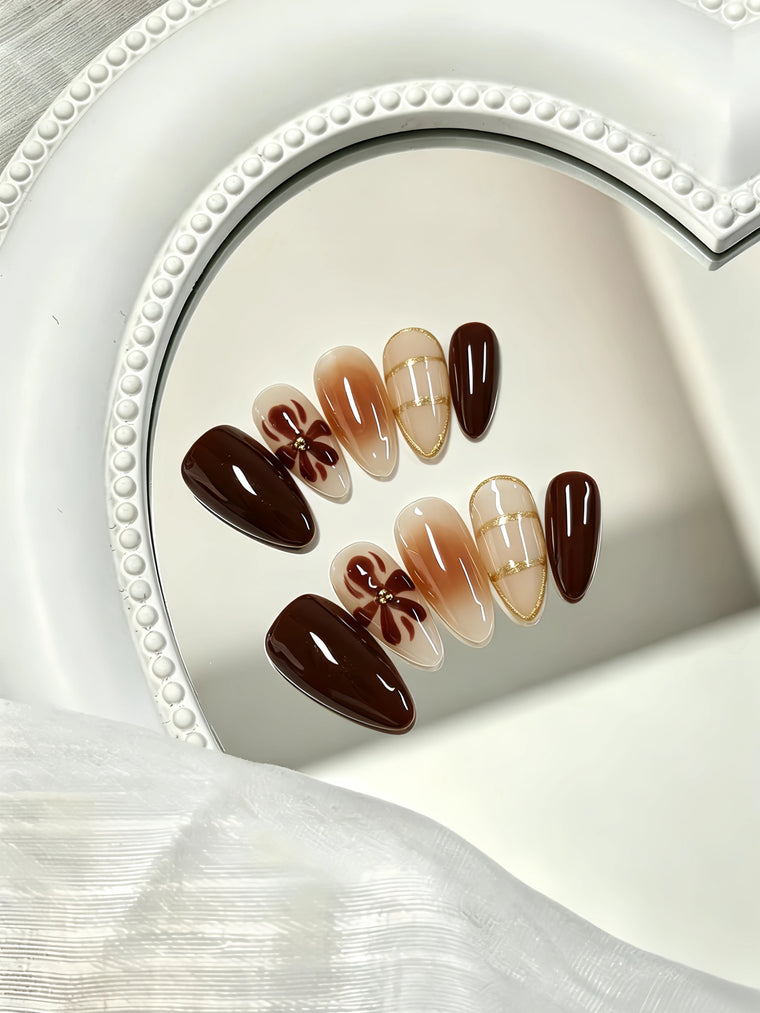Caramel Gradient Floral Almond Press-On Nails