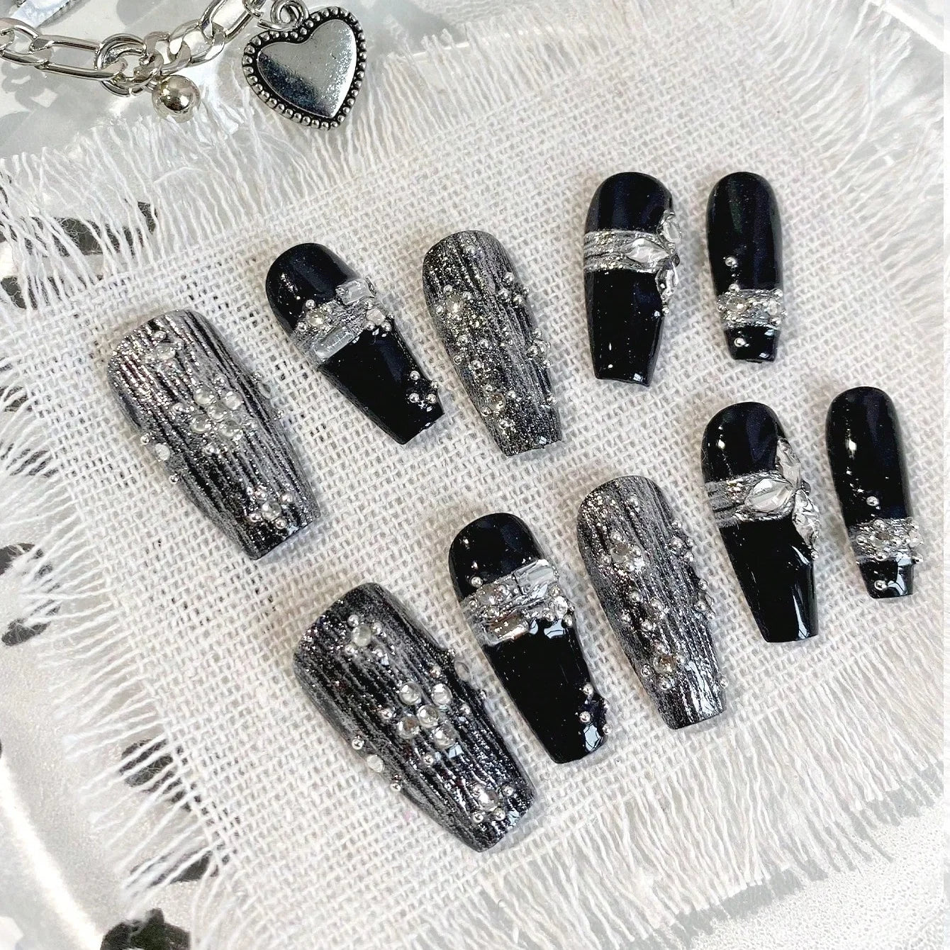 Silver Veil – Striped Coffin Press-On Nails