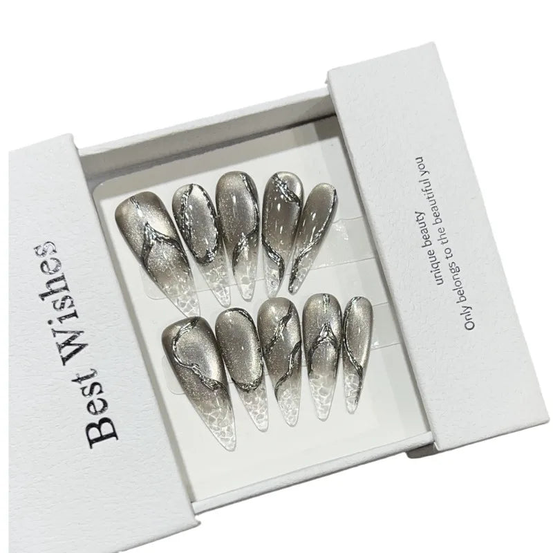Black Cracked Cat Eye French Press-On Nails