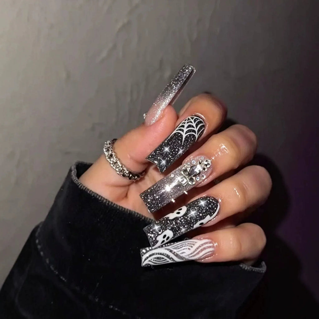 Glitter Pink Halloween Skull Ballet Press-On Nails