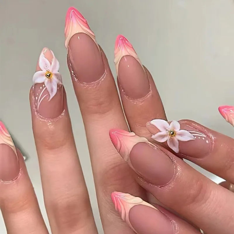 French Almond Press-On Nails with 3D Flower & Stars
