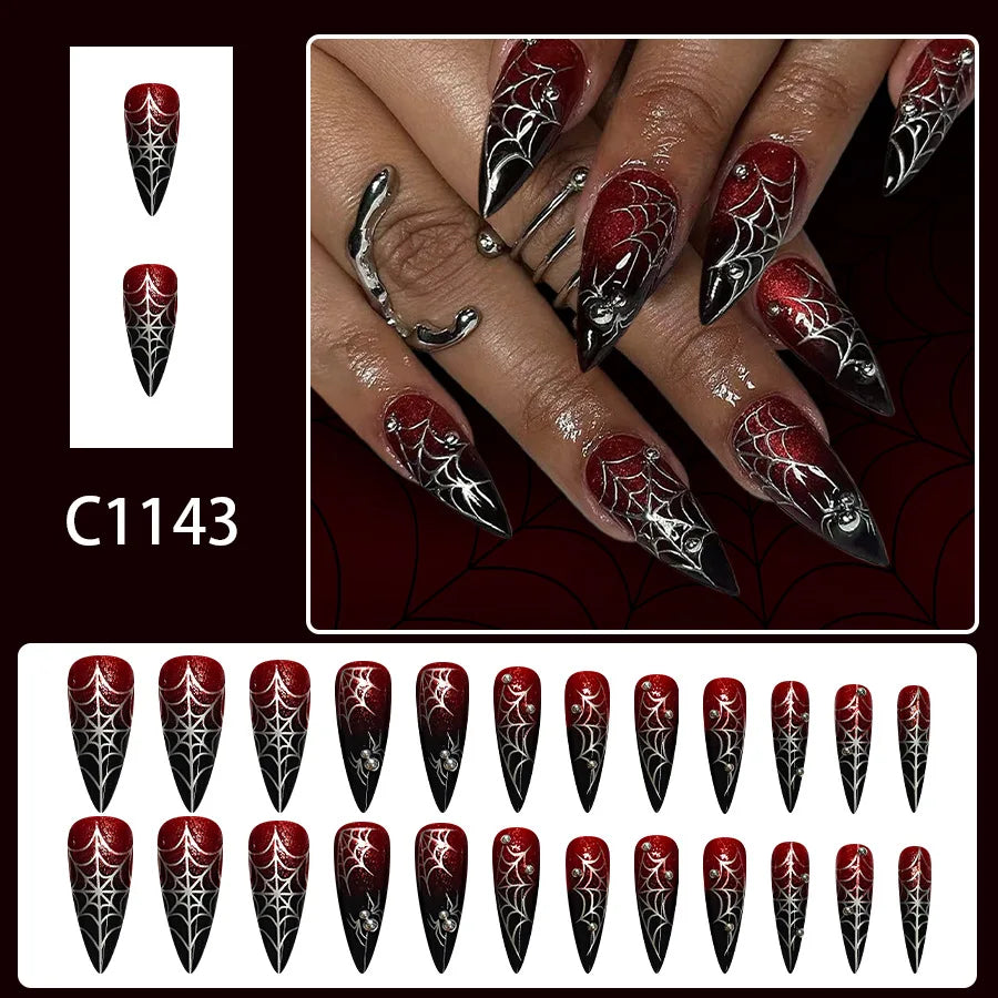 Halloween Spider Web Dark Red Almond Press-On Nails