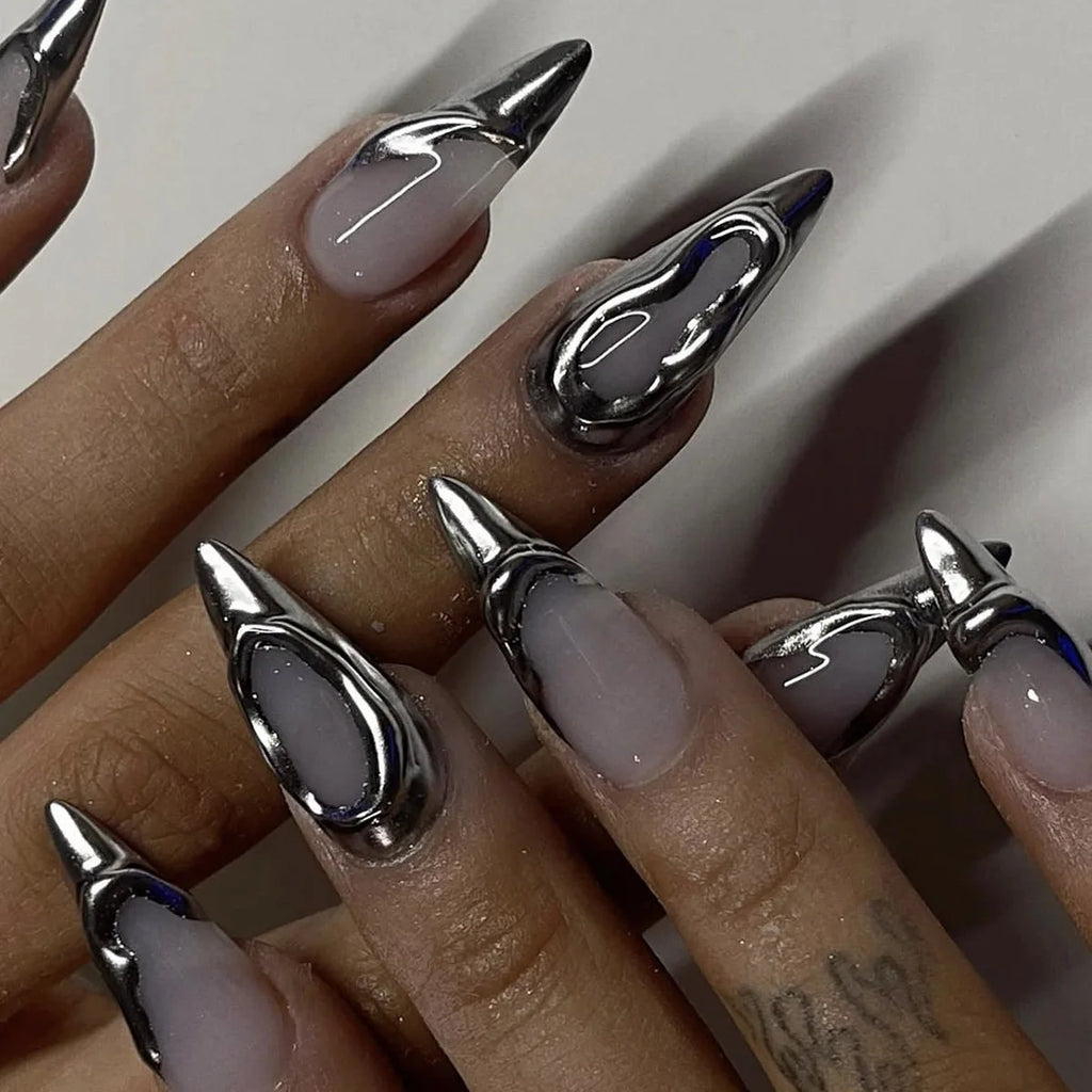 Punk Metallic Stiletto Press-On Nails with Stars