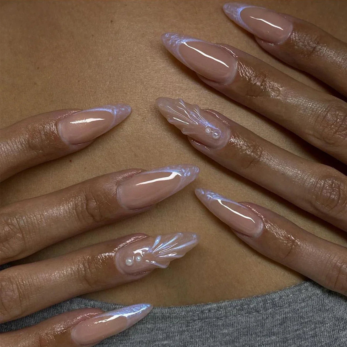 Summer Blue Water Ripple French Almond Press-On Nails
