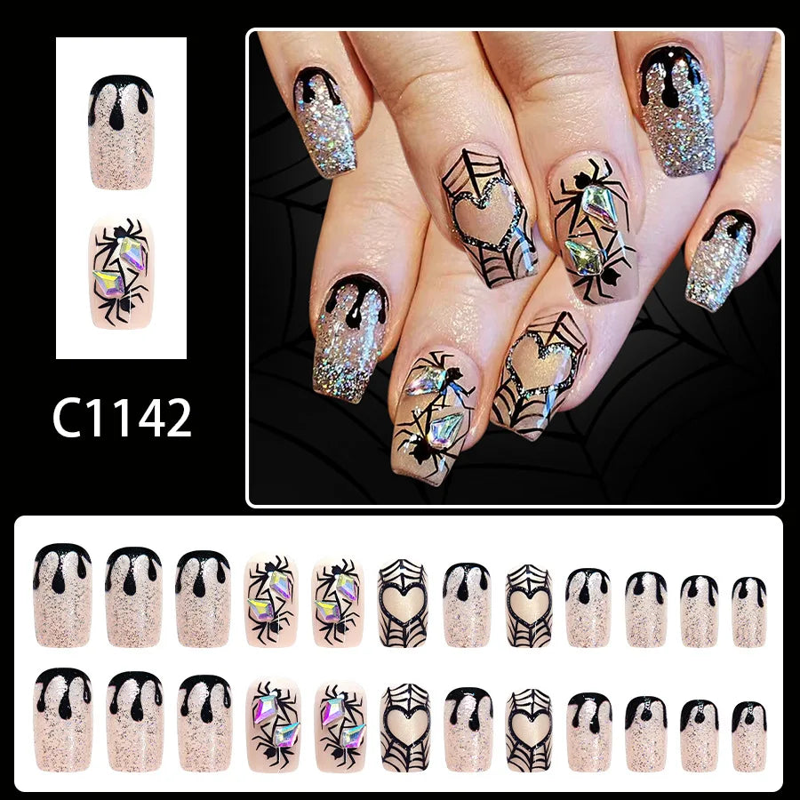 Halloween Spider Web Dark Red Almond Press-On Nails
