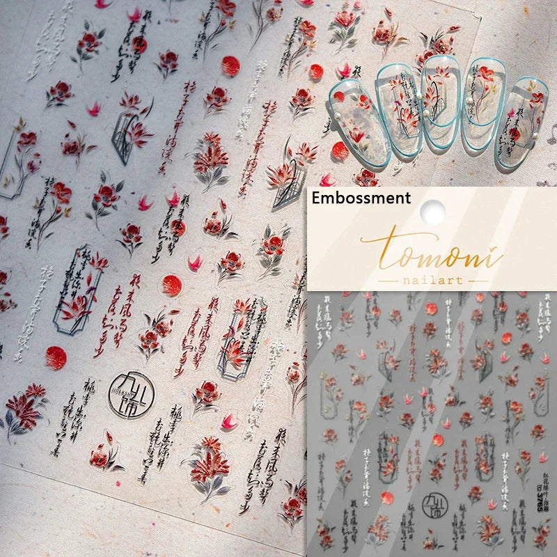 Nine-Tailed Fox Red Flower Nail Art Stickers