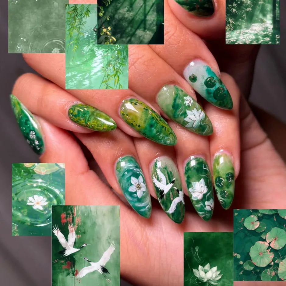 Short Green Smudge Almond Press-On Nails