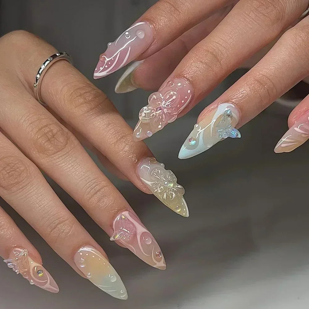 Amber Brown Almond Press-On Nails with Rhinestones & Pearls