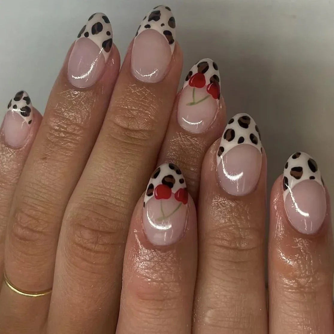 Leopard Print Almond Press-On Nails with Cherry & Star Charms