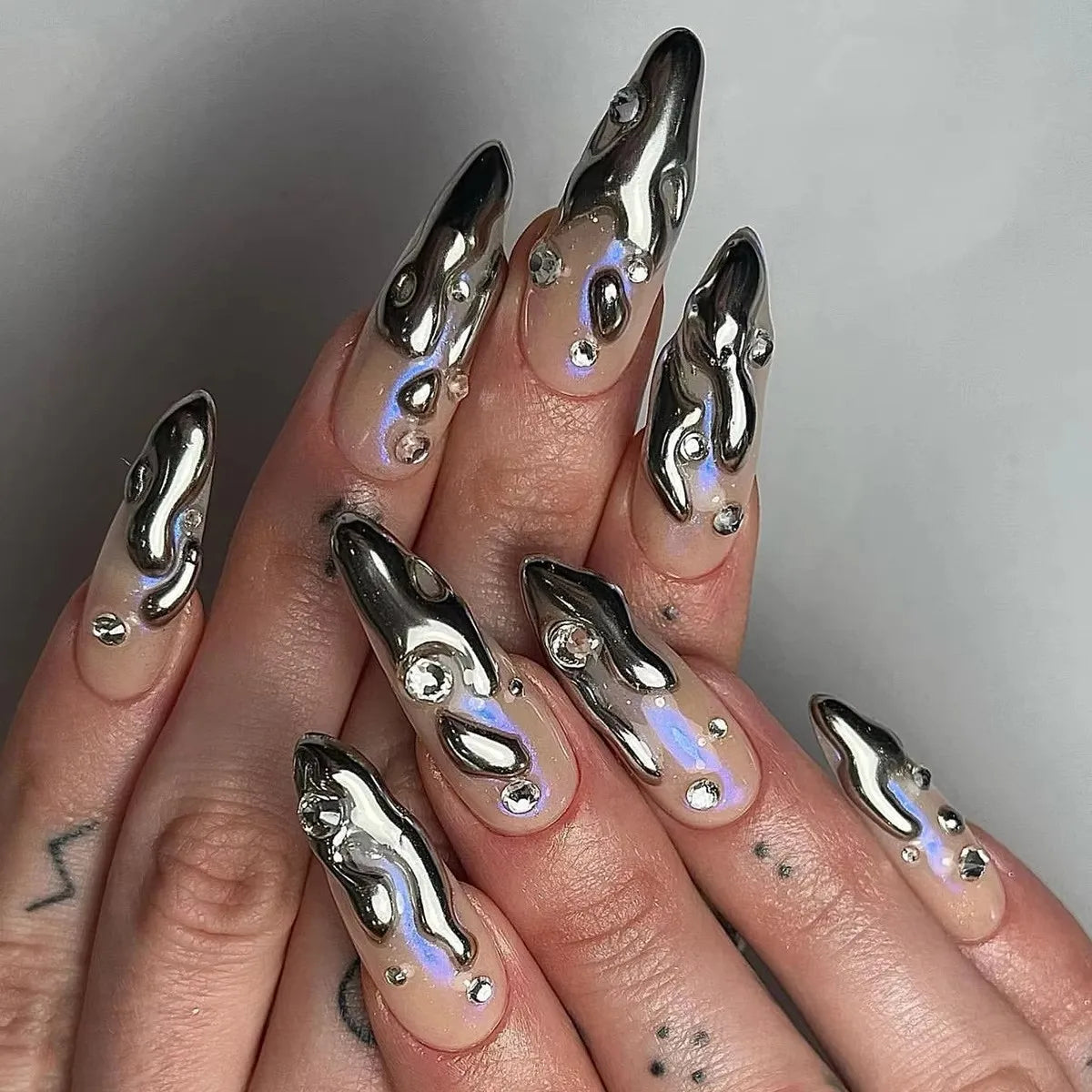 Punk Metallic Stiletto Press-On Nails with Stars