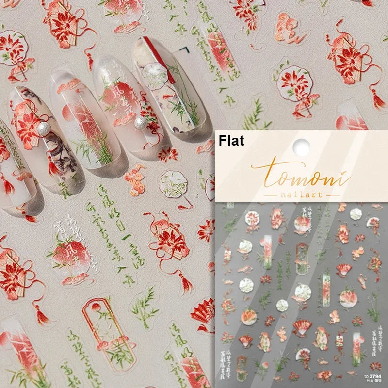 Nine-Tailed Fox Red Flower Nail Art Stickers