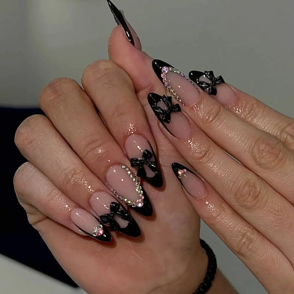 French Almond Press-On Nails with 3D Flower & Stars