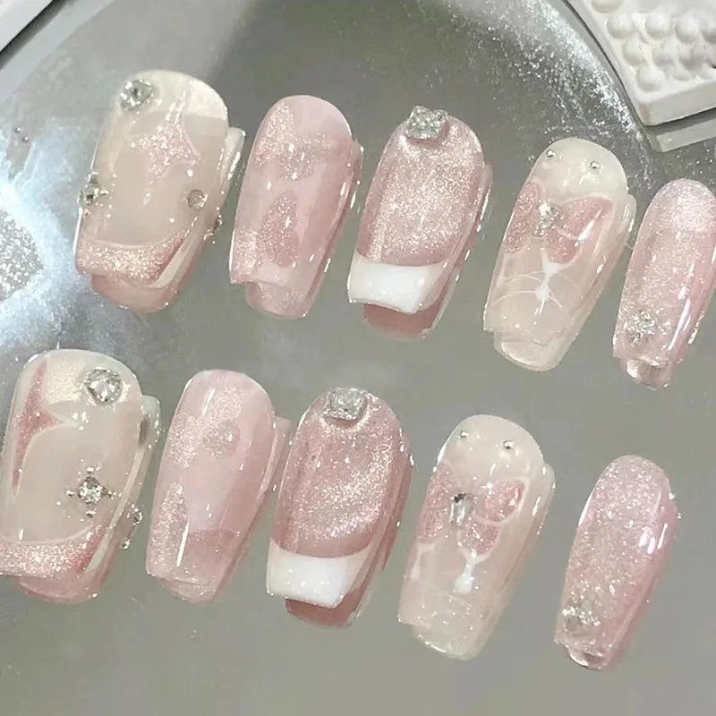 Cat Eye Leopard Ballet Press-On Nails with Rhinestones