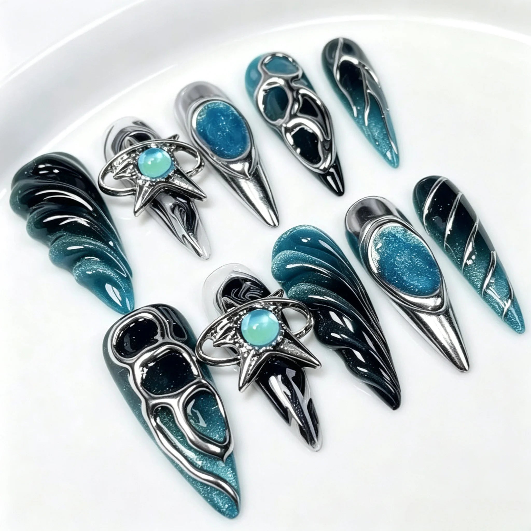 Cyber Eclipse – Blue Chrome Almond Press-On Nails
