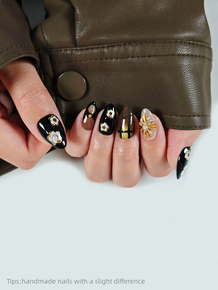 Black Brown Gold Floral Short Almond Press-On Nails — detail