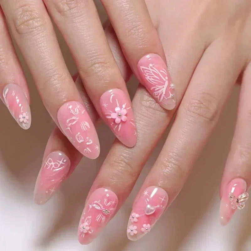 Amber Brown Almond Press-On Nails with Rhinestones & Pearls