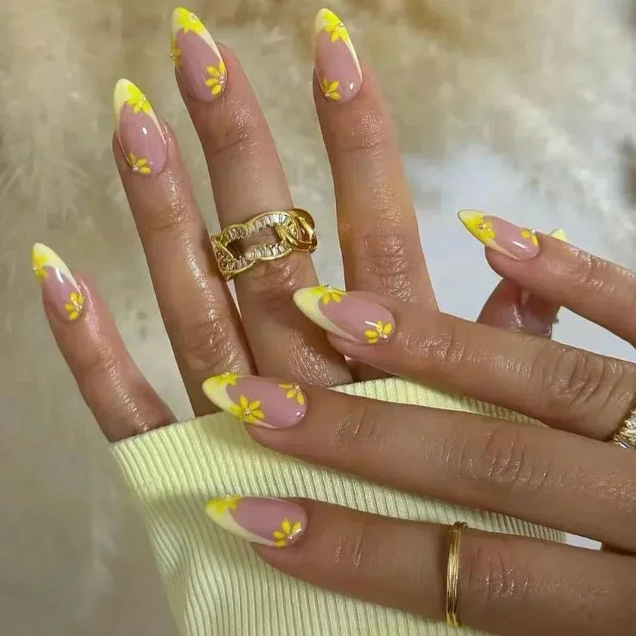 Amber Brown Almond Press-On Nails with Rhinestones & Pearls