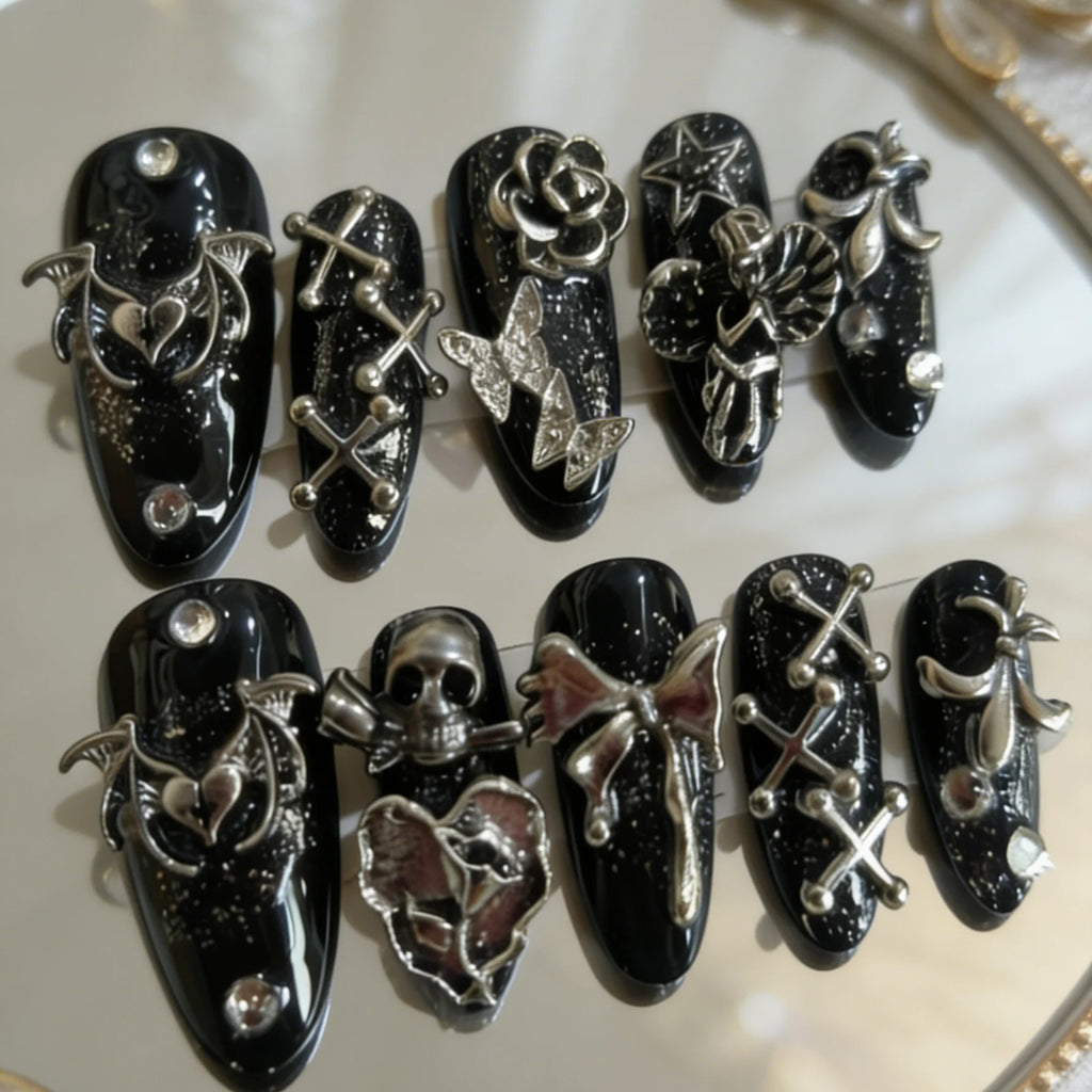 Thorned Romance – Rose & Wing Almond Press-On Nails