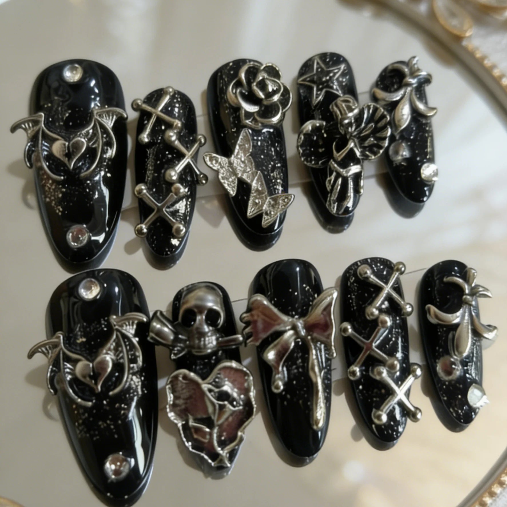 Thorned Romance – Rose & Wing Almond Press-On Nails