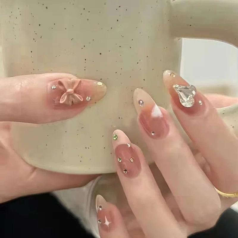 French Almond Press-On Nails with 3D Flower & Stars