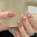 French Almond Press-On Nails with 3D Flower & Stars