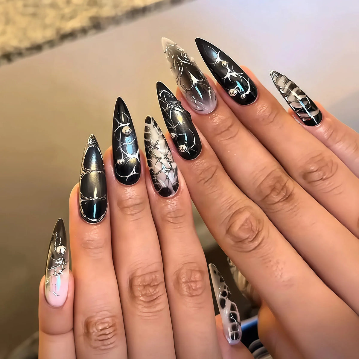Black Gradient Stiletto Press-On Nails with Silver Lines