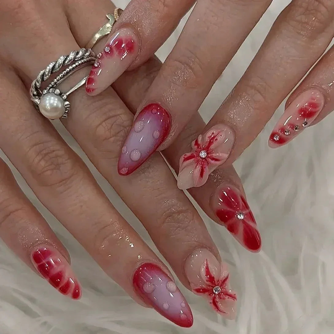 Amber Brown Almond Press-On Nails with Rhinestones & Pearls