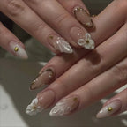French Almond Press-On Nails with 3D Flower & Stars
