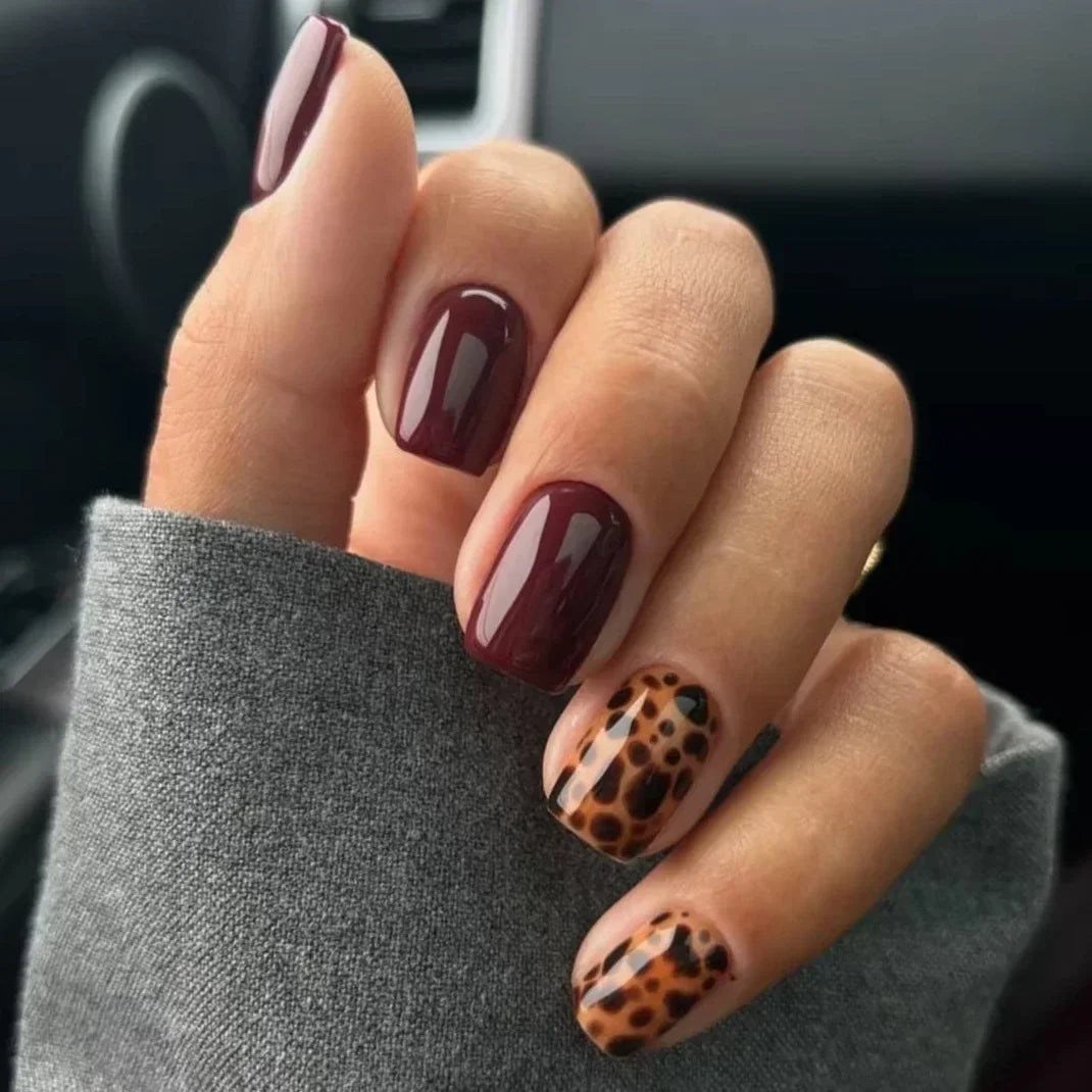 Leopard Print Almond Press-On Nails with Cherry & Star Charms