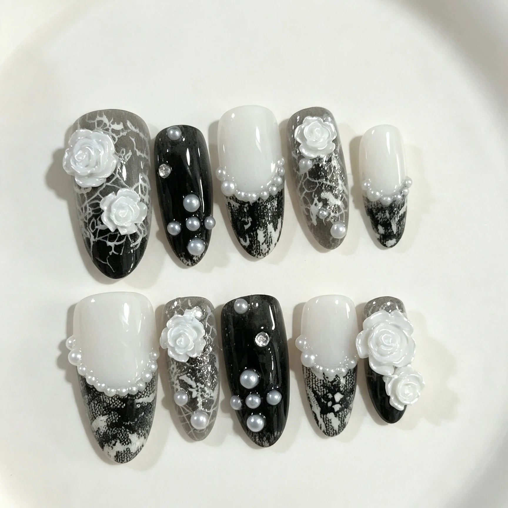 Lace Revenant – White Rose Gothic Almond Press-On Nails