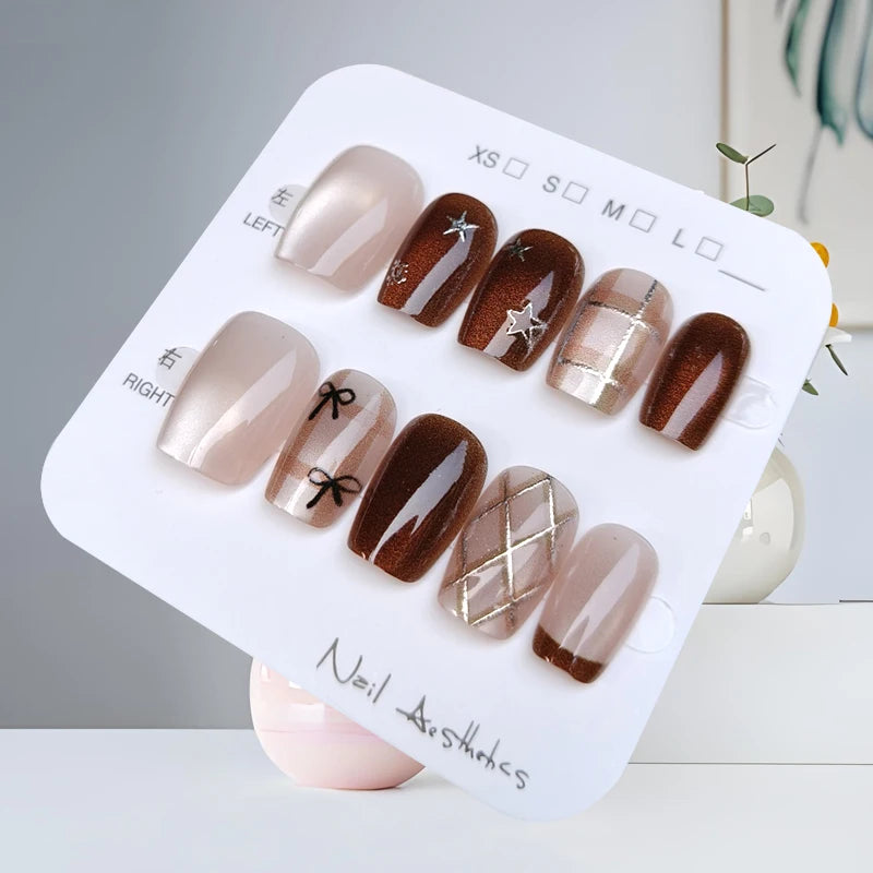 Brown Cat Eye Press-On Nails with Rhinestones