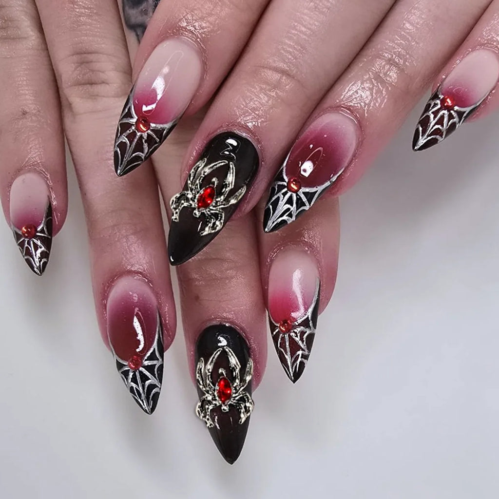 Halloween Blood French Almond Press-On Nails with Spider Web