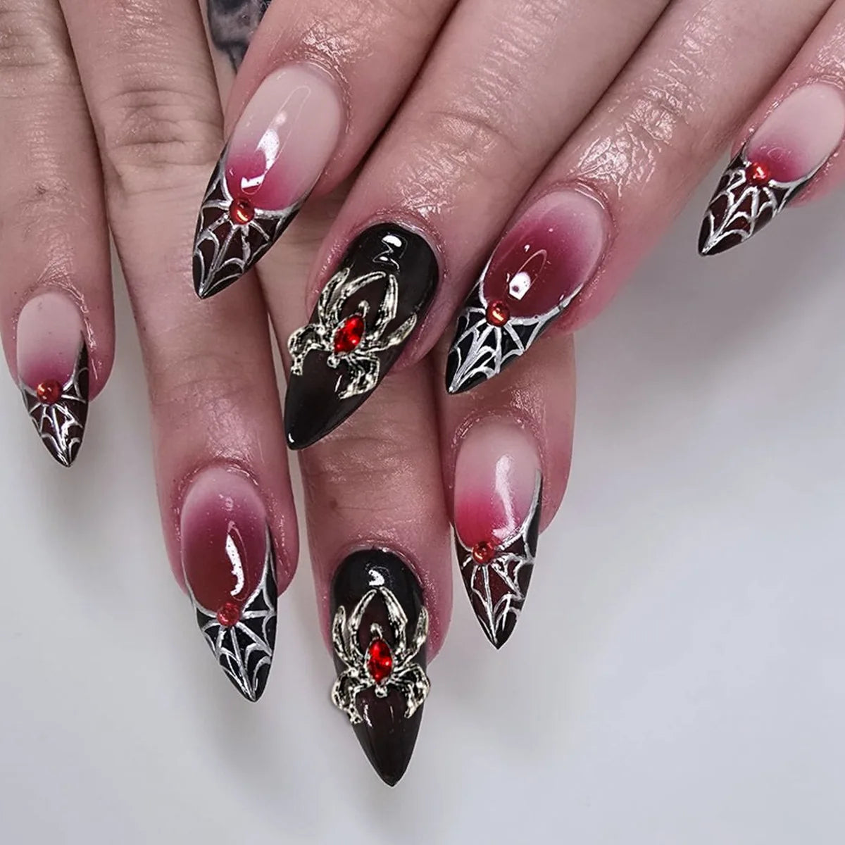 Halloween Blood French Almond Press-On Nails with Spider Web