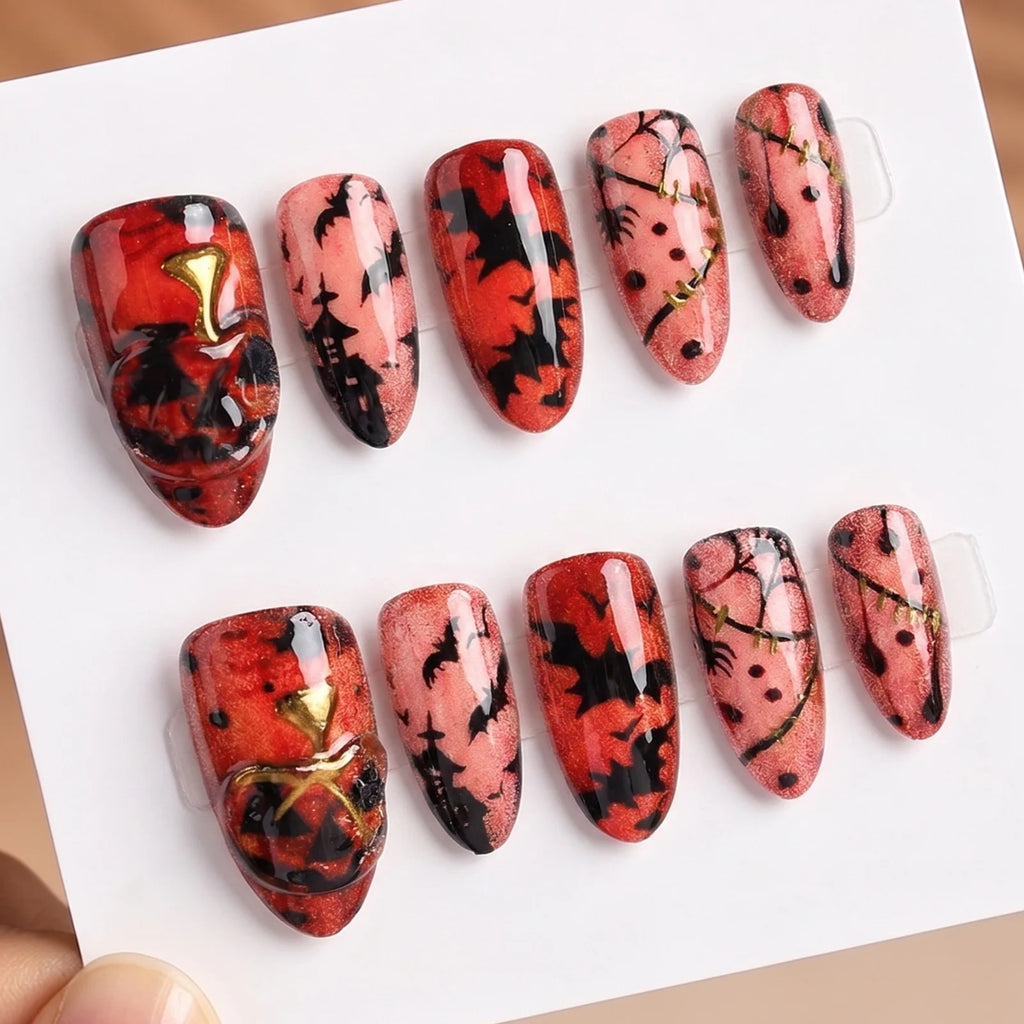 Halloween Blood French Almond Press-On Nails with Spider Web