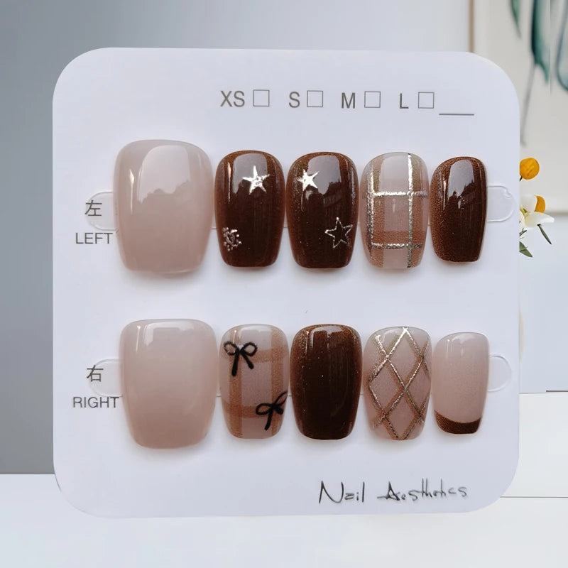 Brown Cat Eye Press-On Nails with Rhinestones