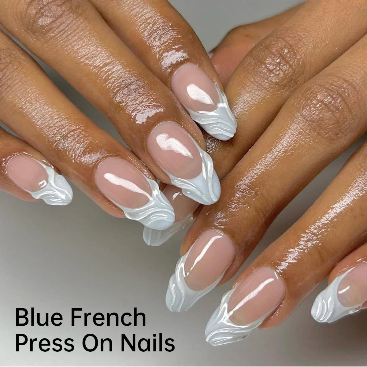 Summer Blue Water Ripple French Almond Press-On Nails