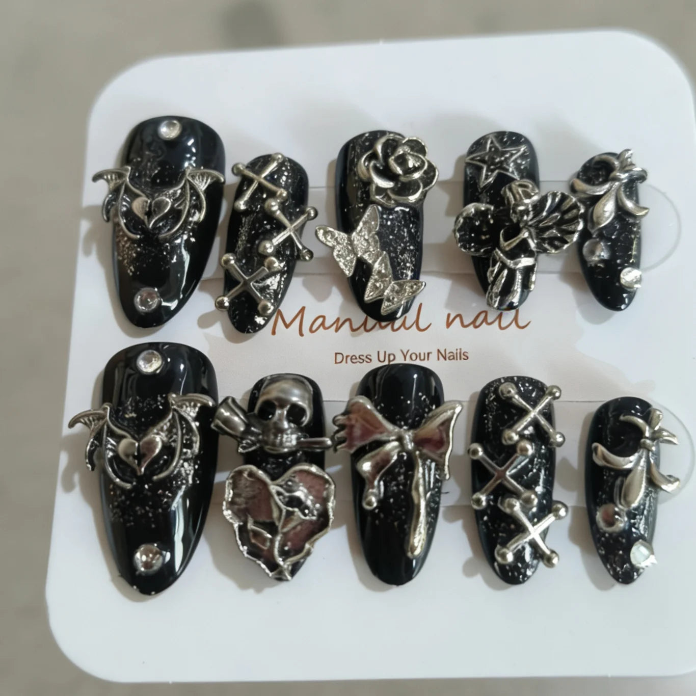 Thorned Romance – Rose & Wing Almond Press-On Nails