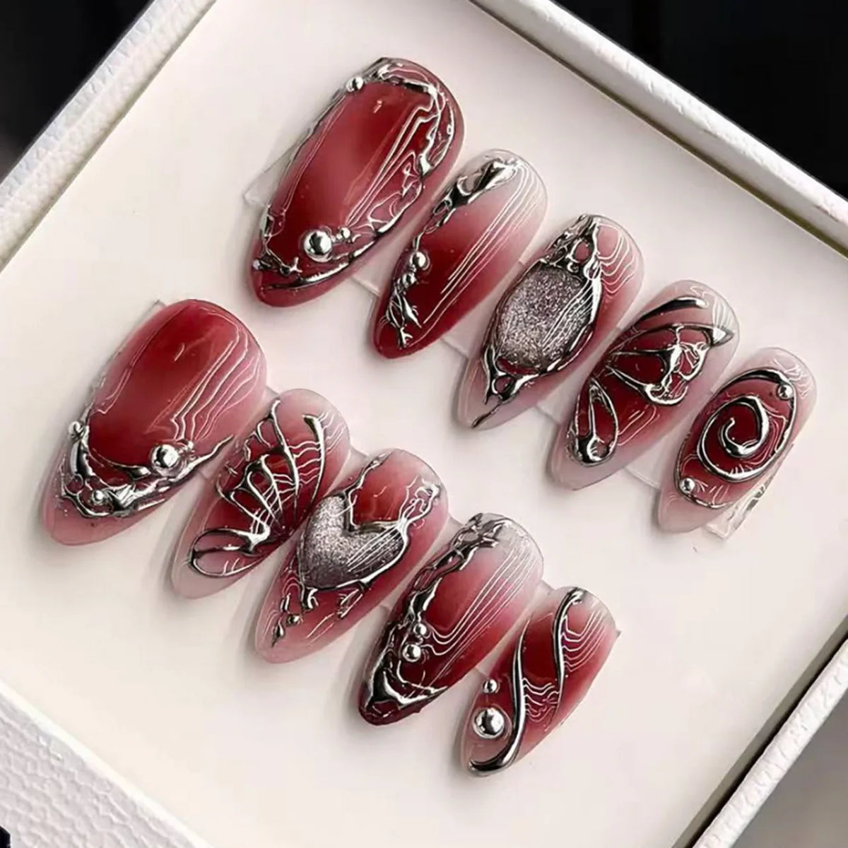 Short Red Star Almond Press-On Nails