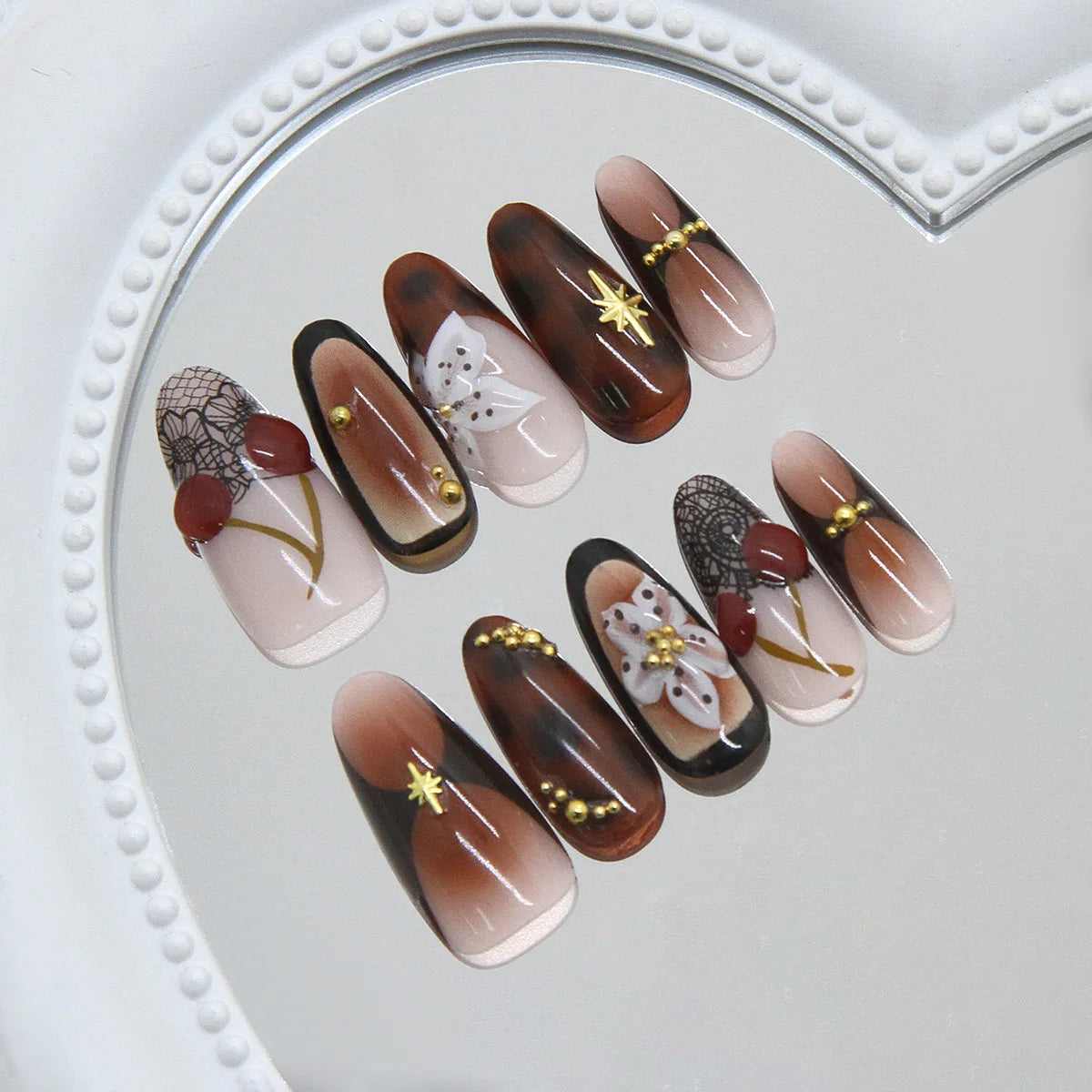 Brown French Almond Press-On Nails with Cherry Flowers