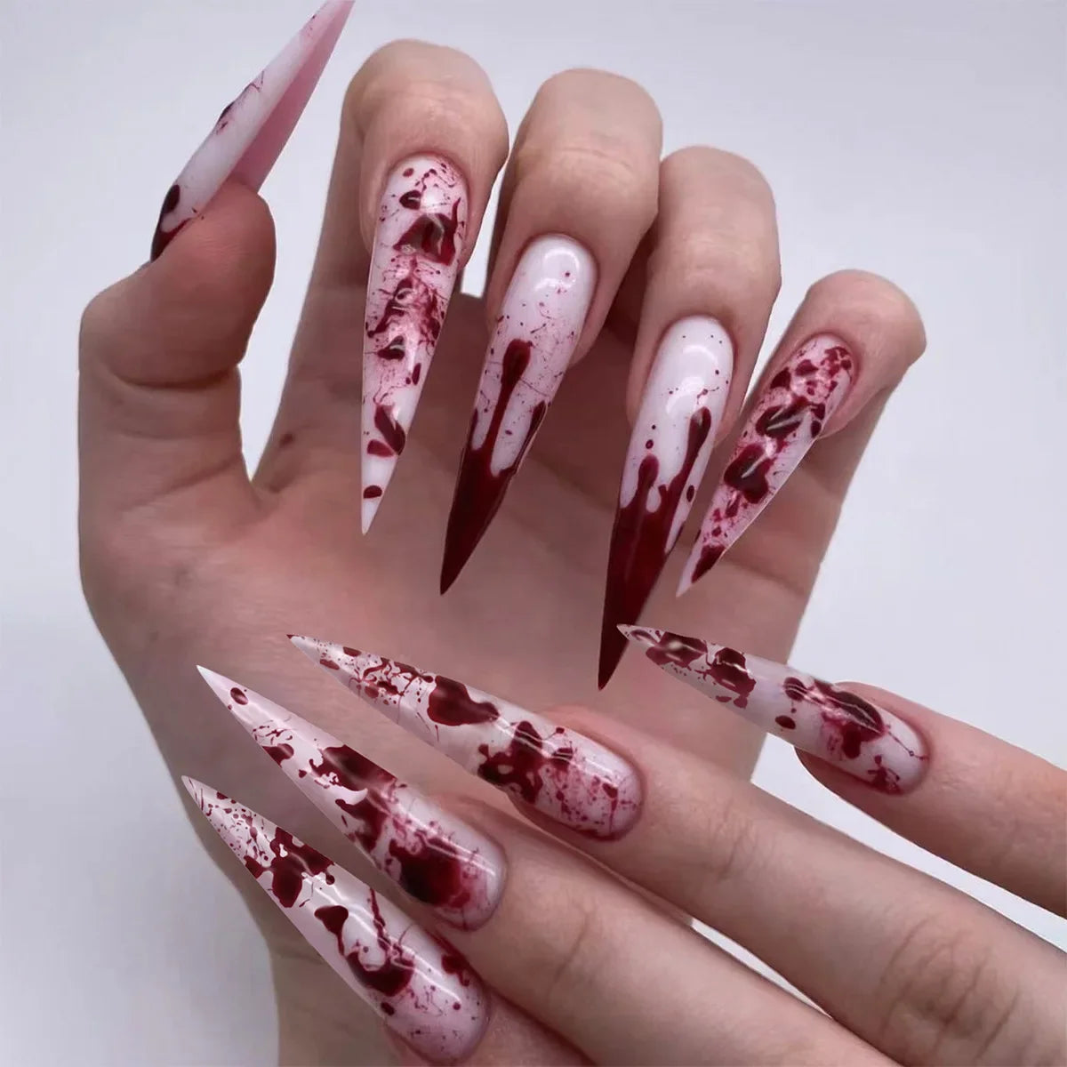 Halloween Red Flame Stiletto Press-On Nails with Blood Drips