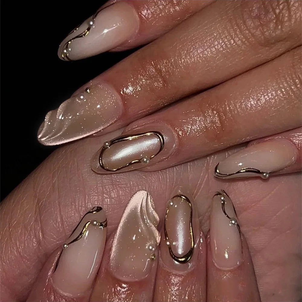 French Almond Press-On Nails with 3D Flower & Stars