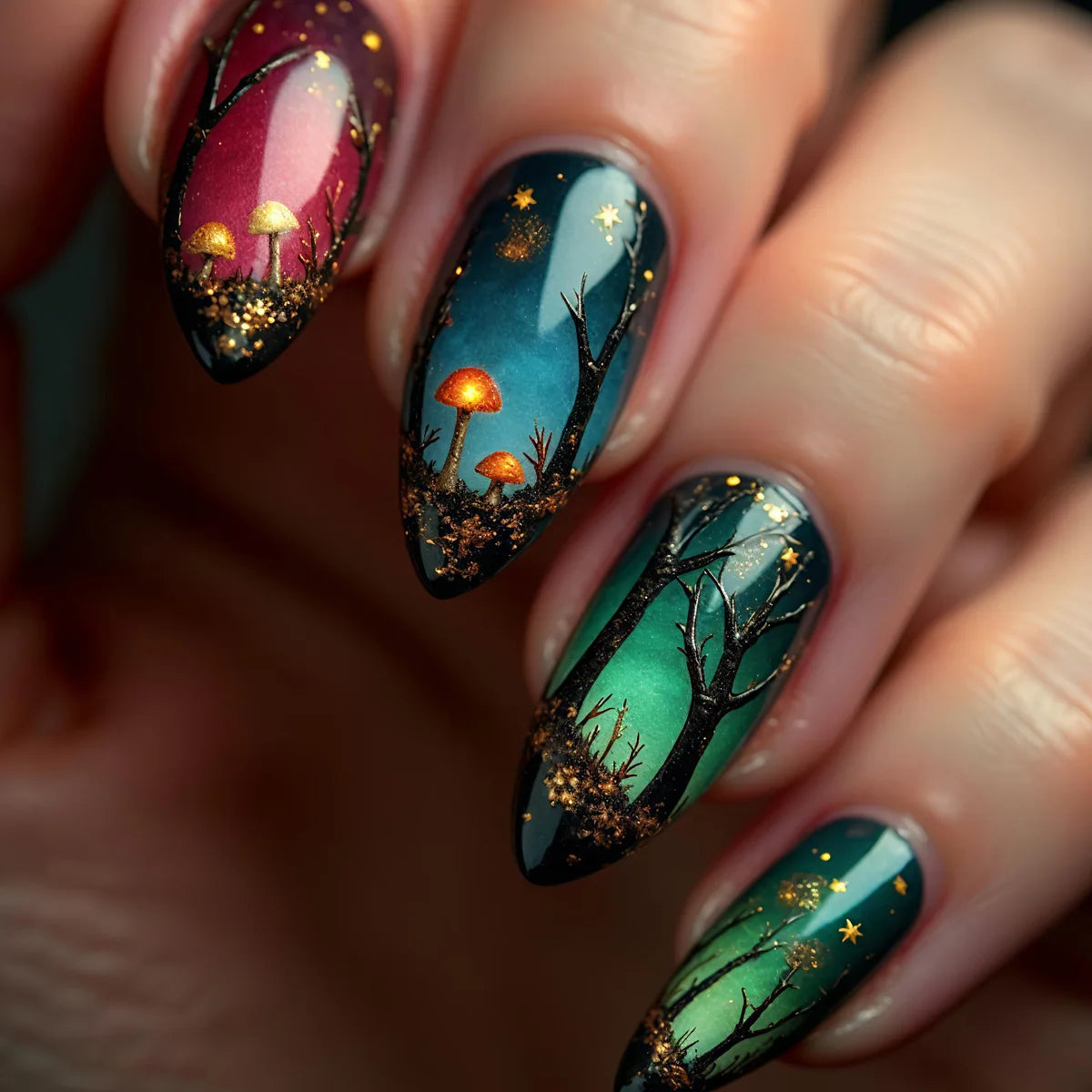 Black & Gold Moon Star Almond Press-On Nails