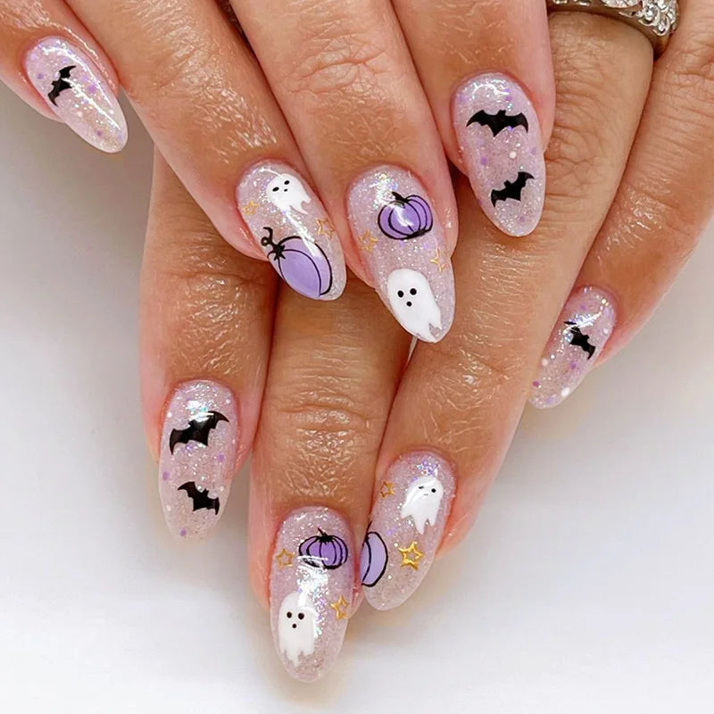 Halloween Blood French Almond Press-On Nails with Spider Web
