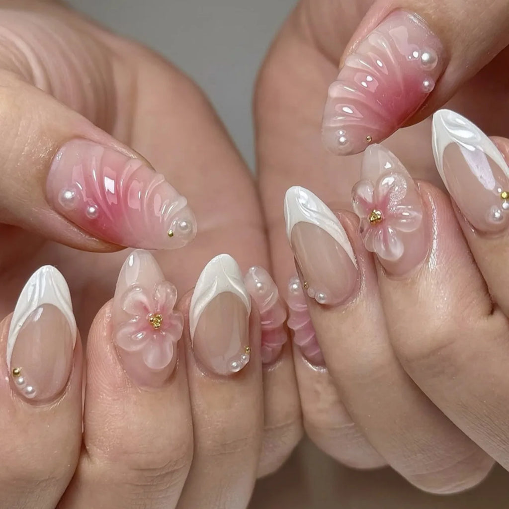 French Almond Press-On Nails with 3D Flower & Stars