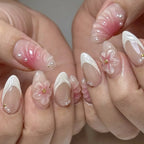 French Almond Press-On Nails with 3D Flower & Stars