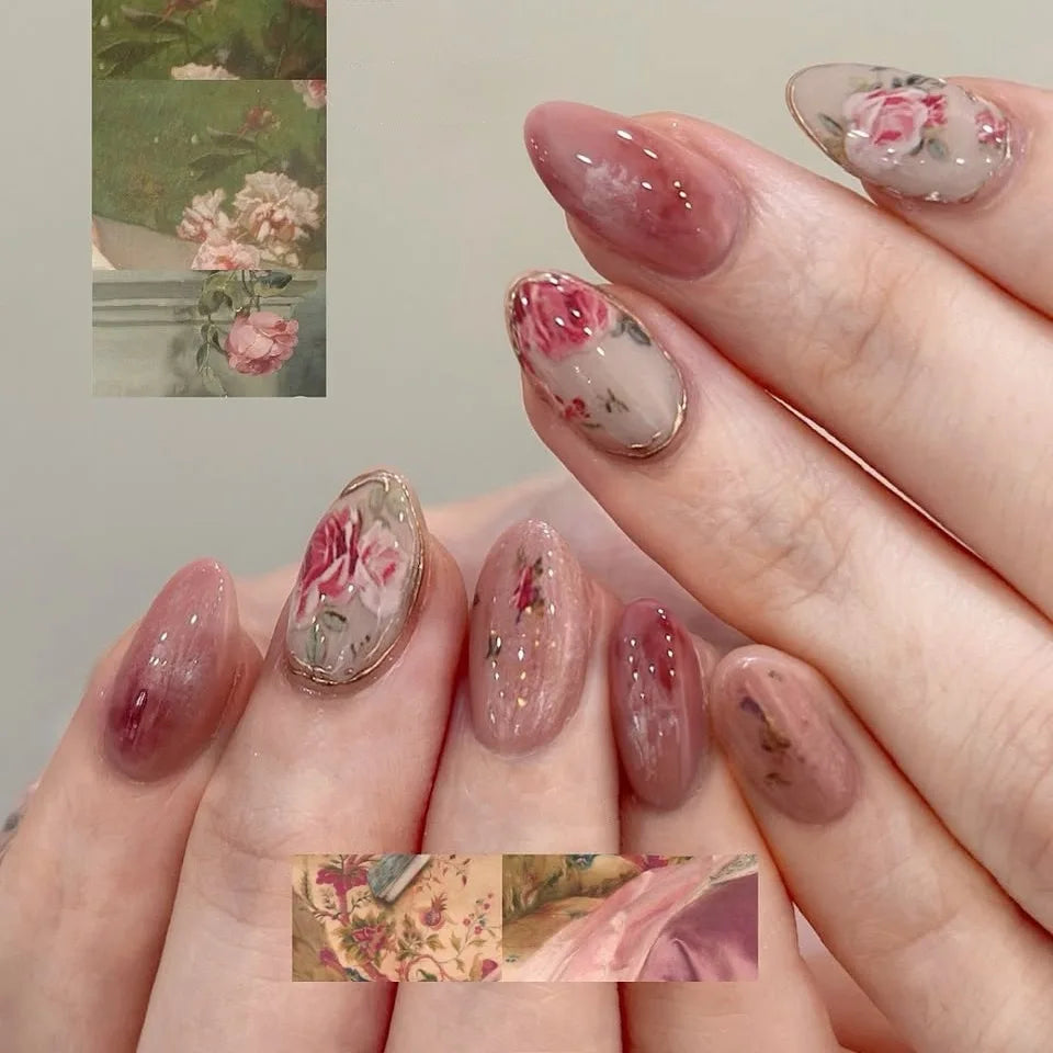 Wine Red Smudge Flower Almond Press-On Nails